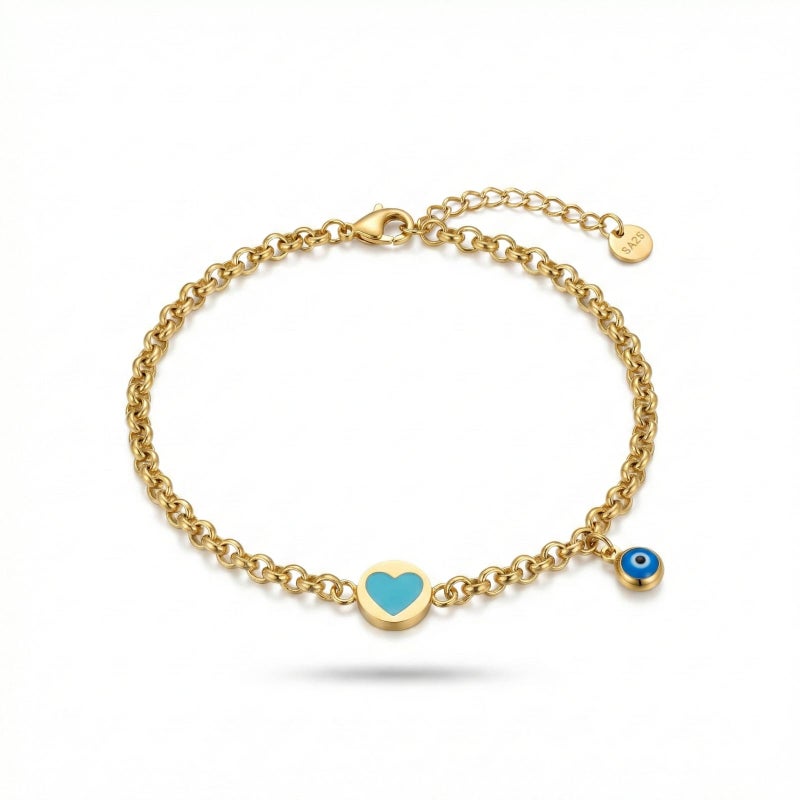 A gold-tone bracelet crafted from rust-resistant stainless steel, featuring a delicate turquoise heart design and a blue "eye" charm. Its modern design complements any look, and it has an adjustable clasp for a perfect fit. - Image 1